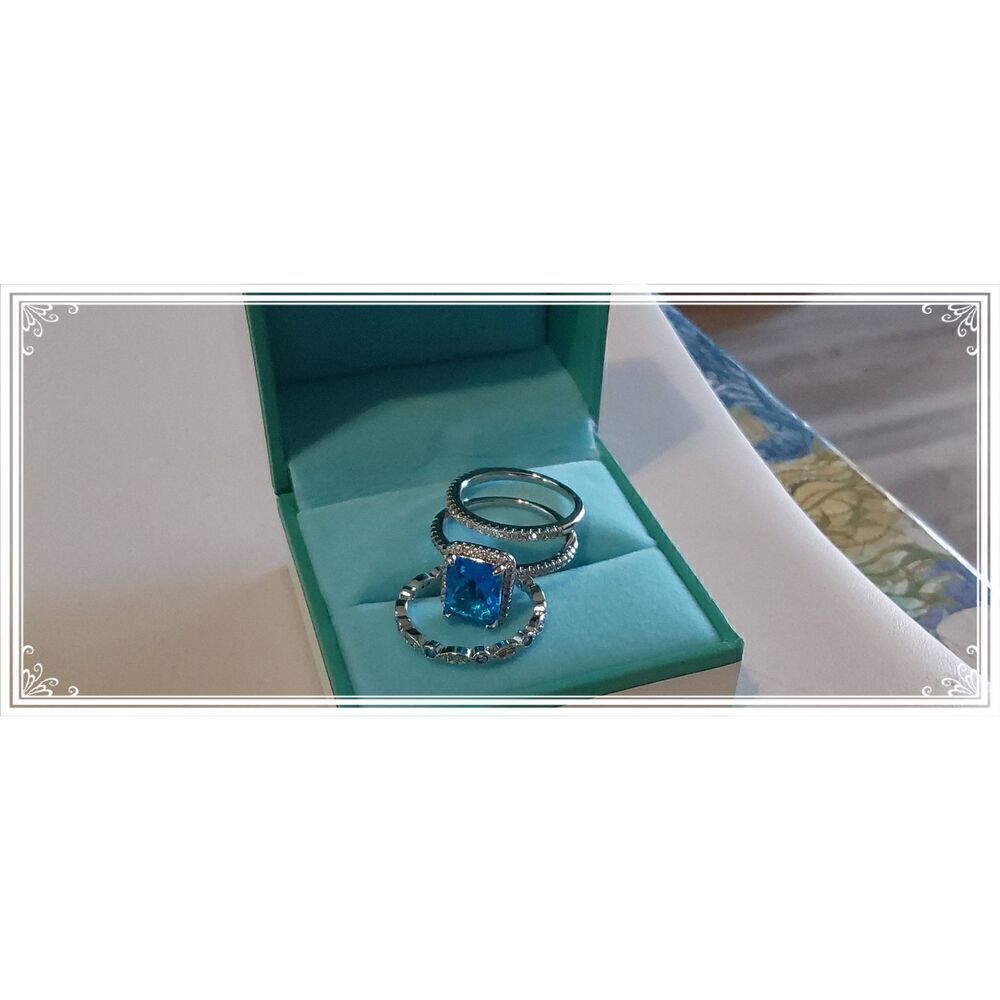 3.5 Ct. Emerald Cut Blue & White Topaz 3Pc. Wedding Ring Set Sz 8